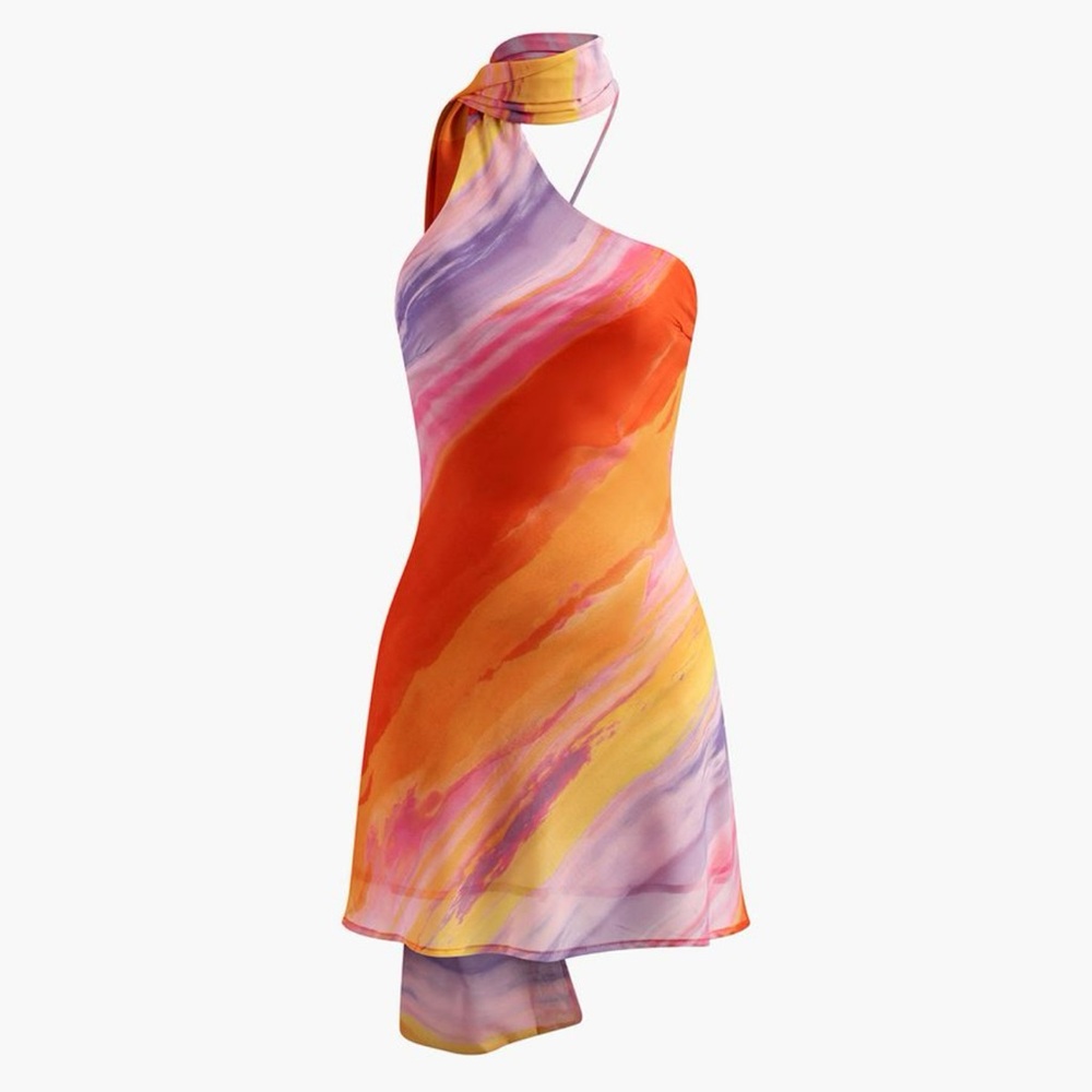 Commense One Shoulder Dress in Orange, Purple, and Yellow